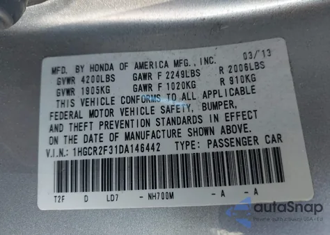 2013 Honda Accord Lx из США, поврежденный, VIN 1HGCR2F31DA146442